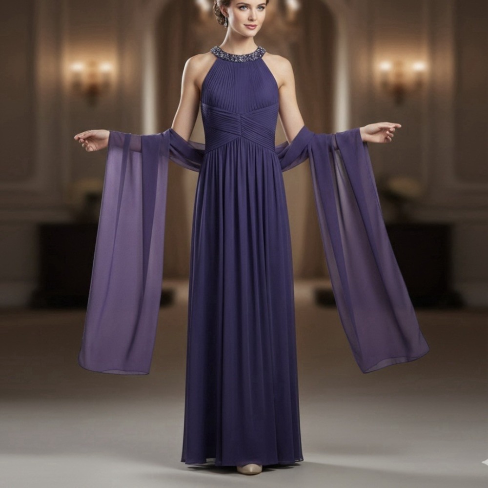 Alex Evenings Purple Beaded Sleeveless‎ Chiffon Halter Gown Size 8 Shawl